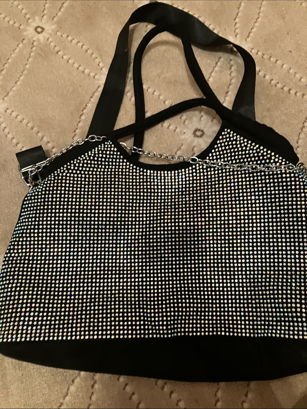 Black Rhinestone-Embellished Tote with Silver Chain Strap